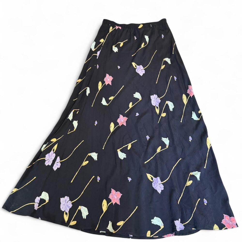 Vintage Carol Anderson Y2K Boho Black Floral Maxi Skirt S Elastic Waist Fairy